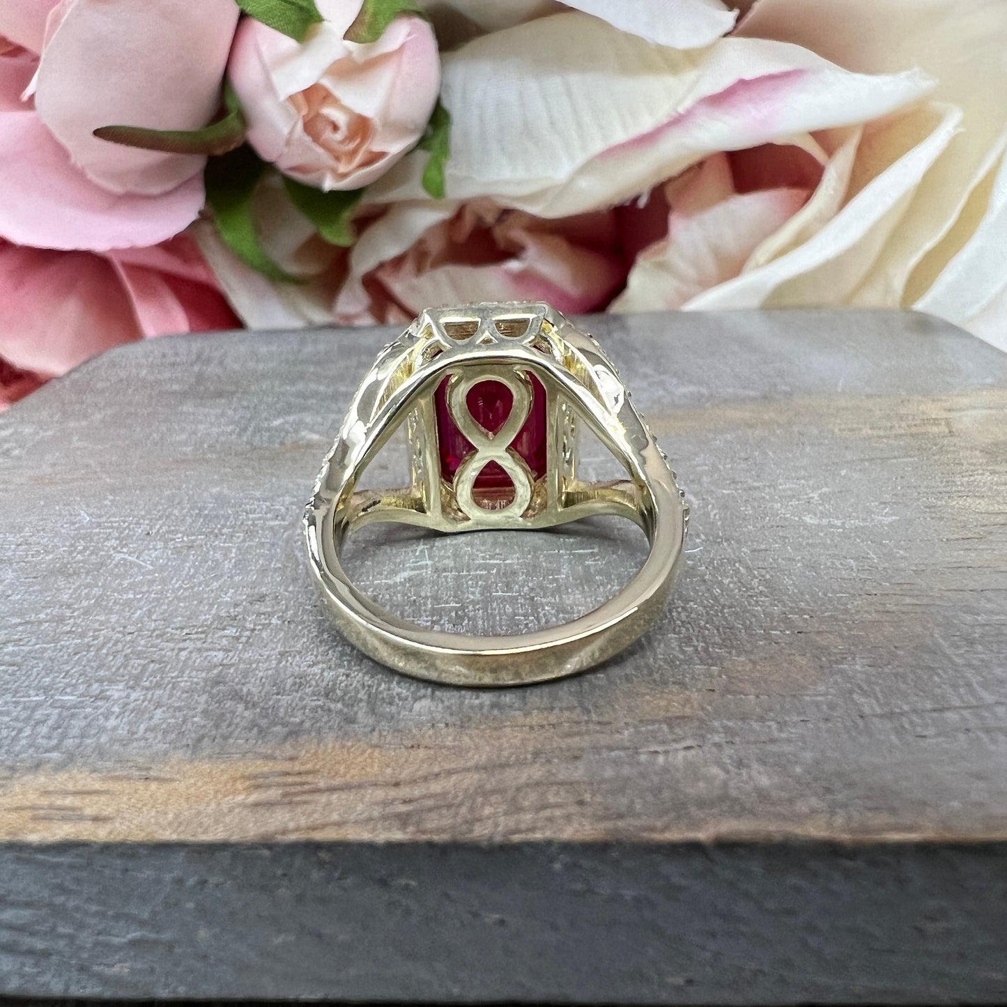 Emerald Cut Ruby and Moissanite Engagement Ring 14K Yellow Gold Unique Vintage Style Emerald Cut Halo Engagement Rings Heavy Gold Ring #7481