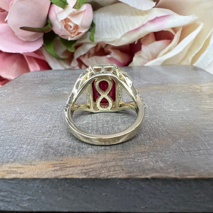 Emerald Cut Ruby and Moissanite Engagement Ring 14K Yellow Gold Unique Vintage Style Emerald Cut Halo Engagement Rings Heavy Gold Ring #7481