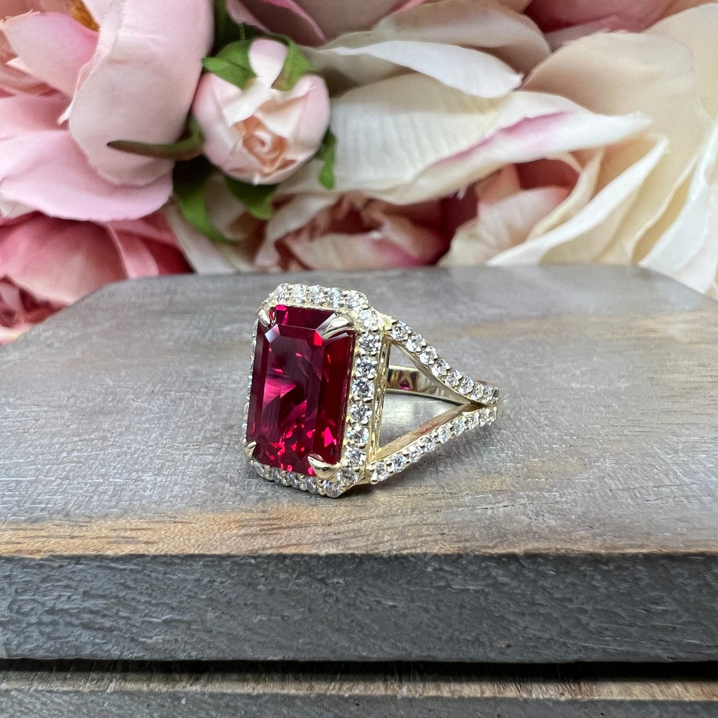 Emerald Cut Ruby and Moissanite Engagement Ring 14K Yellow Gold Unique Vintage Style Emerald Cut Halo Engagement Rings Heavy Gold Ring #7481