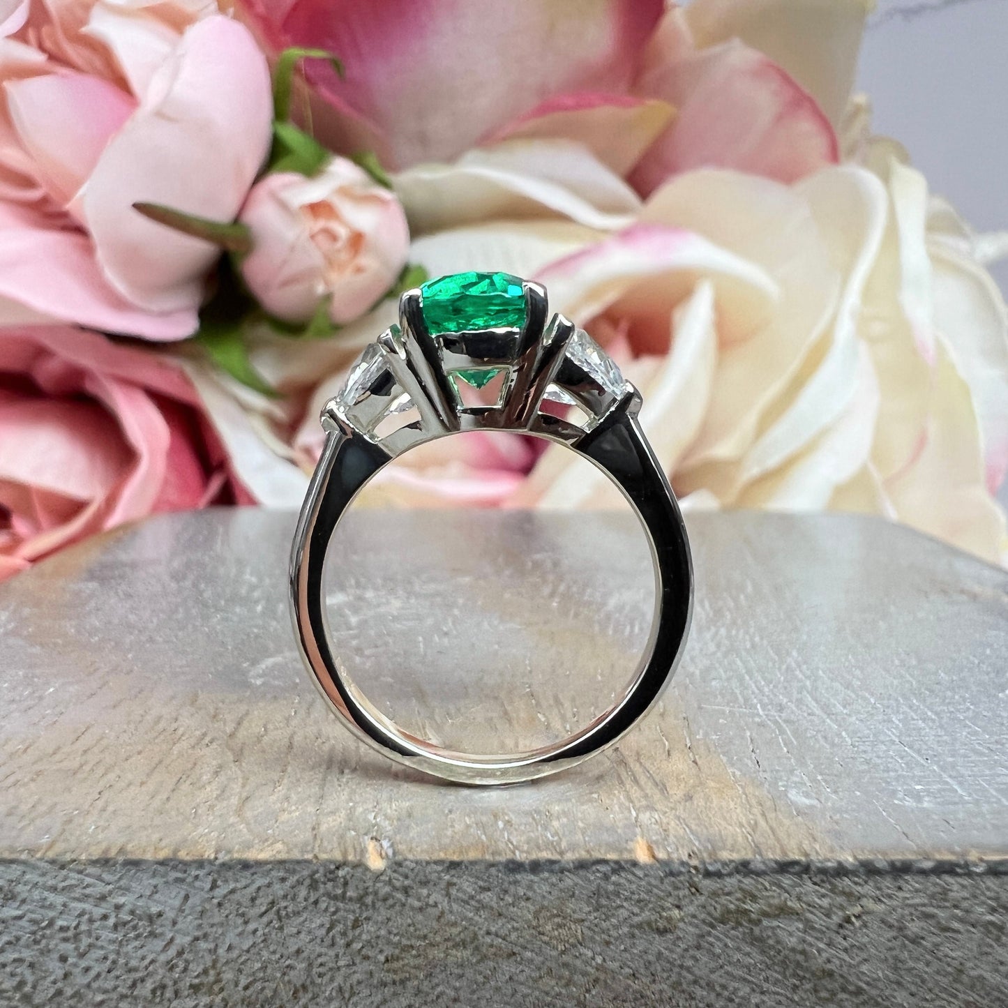 Three stone oval Emerald Ring Emerald Engagement Ring,Solitaire Ring Plain Band 14k White Gold,Promise Ring,May Birthstone Ring Gifts #7482
