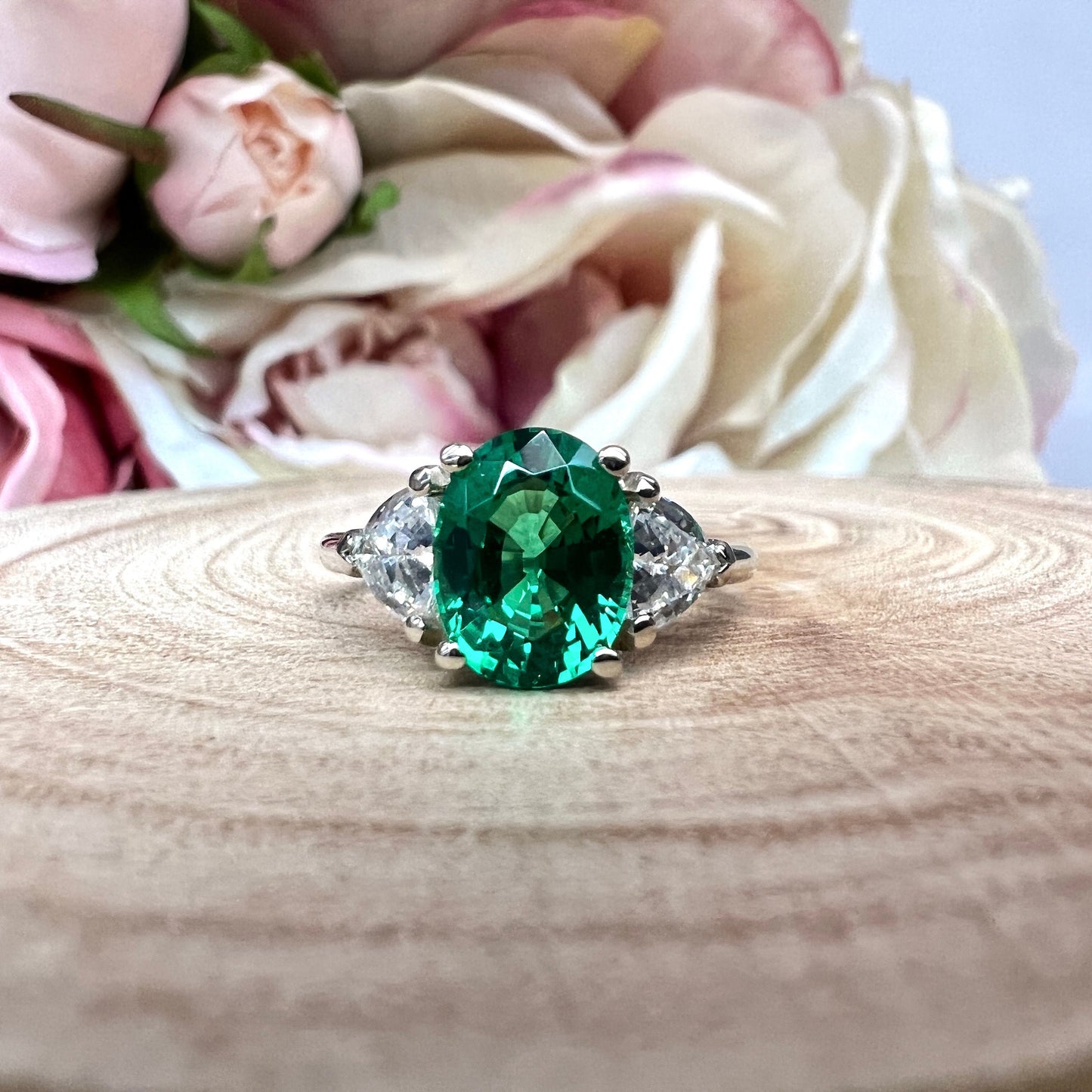Three stone oval Emerald Ring Emerald Engagement Ring,Solitaire Ring Plain Band 14k White Gold,Promise Ring,May Birthstone Ring Gifts #7482