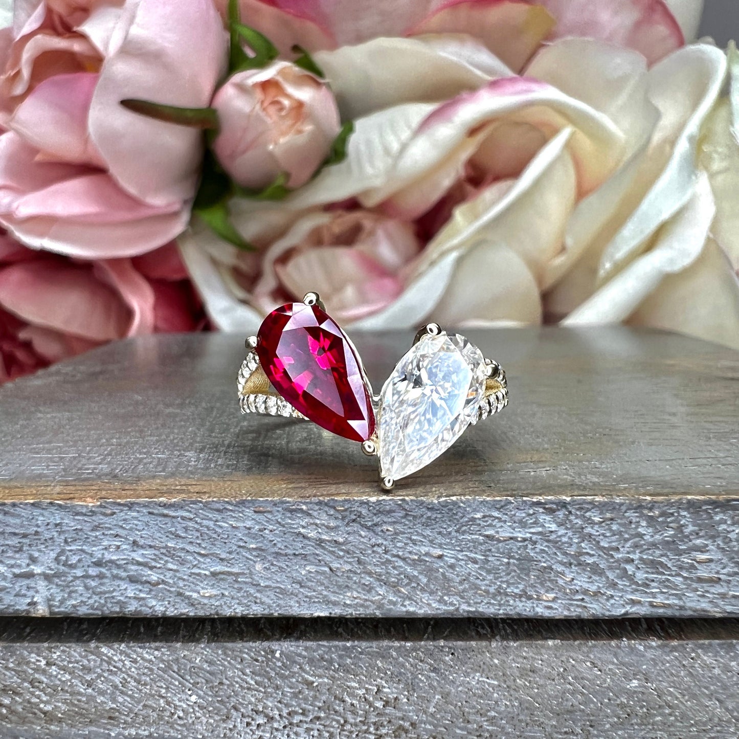 Toi Et Moi Ring Pear Ruby and Moissanite Pear Shape Ring Yellow Gold Engagement Ring Unique Two Stone Vintage Promise Anniversary Ring #7483
