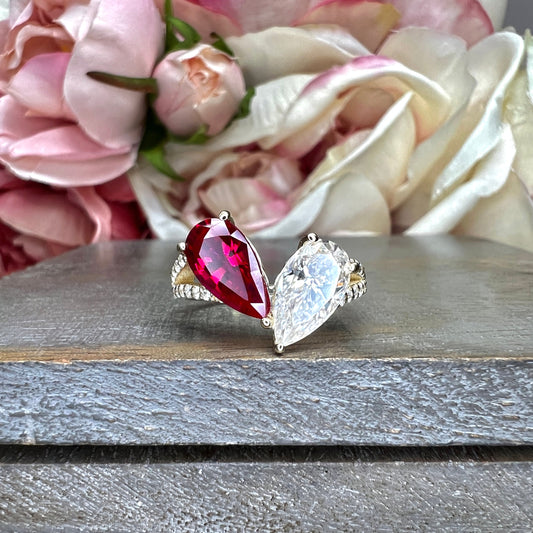 Toi Et Moi Ring Pear Ruby and Moissanite Pear Shape Ring Yellow Gold Engagement Ring Unique Two Stone Vintage Promise Anniversary Ring #7483