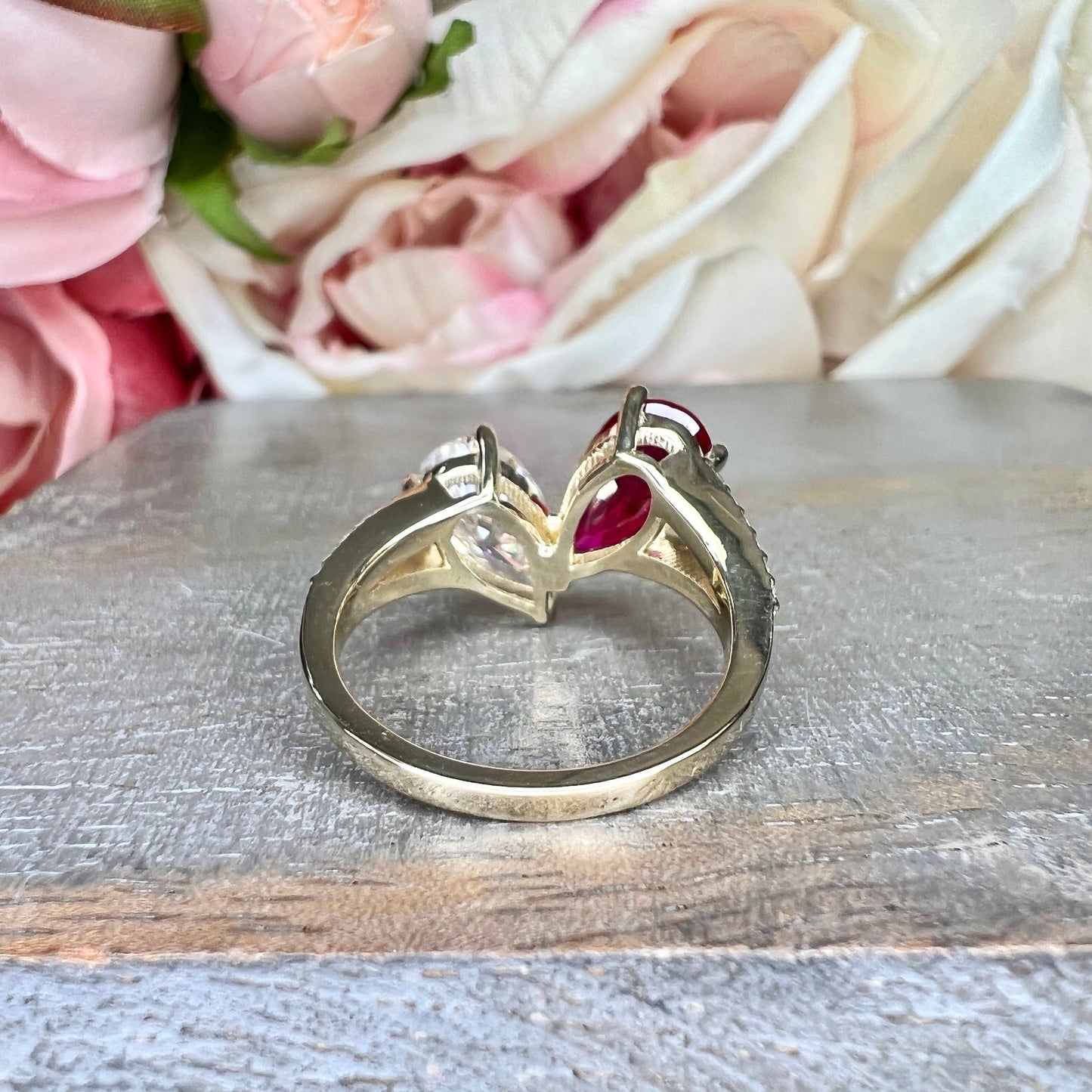 Toi Et Moi Ring Pear Ruby and Moissanite Pear Shape Ring Yellow Gold Engagement Ring Unique Two Stone Vintage Promise Anniversary Ring #7483