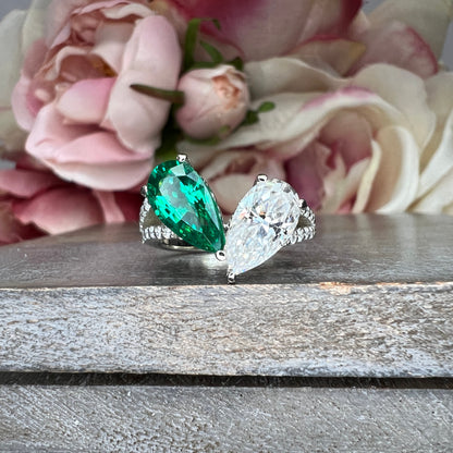 Toi Et Moi Ring Pear Emerald and Moissanite Engagement Ring Yellow Gold,  Unique Two Stone Vintage Promise Anniversary Wedding Rings,  #7483