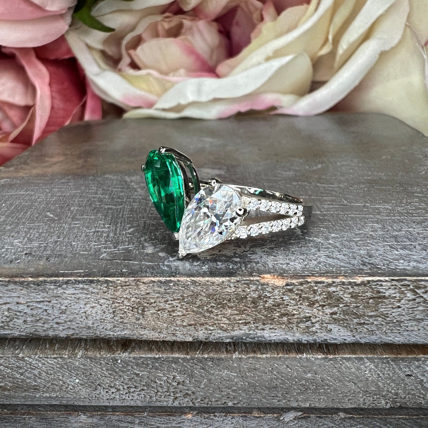 Toi Et Moi Ring Pear Emerald and Moissanite Engagement Ring Yellow Gold,  Unique Two Stone Vintage Promise Anniversary Wedding Rings,  #7483