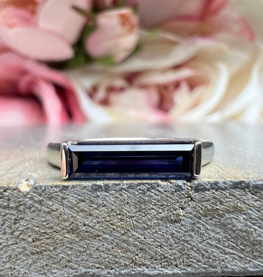 Elongated Baguette Shaped  Blue Sapphire Stackable Ring White Gold, September Birthstone Stacking Gold Ring, Bezel Set Stacking Ring   #7459