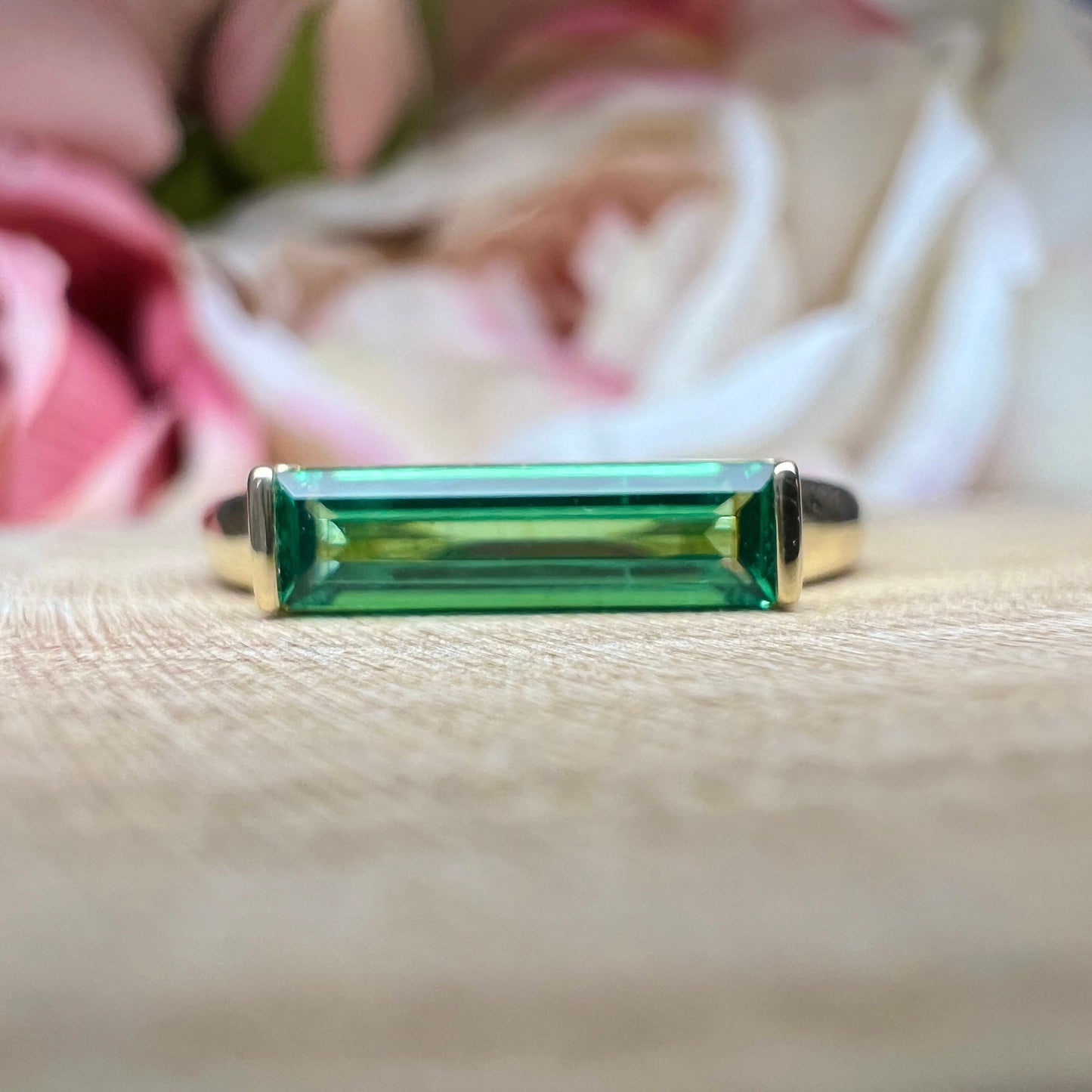 Elongated Baguette Shaped Green Emerald  Stackable Ring Yellow Gold,  Emerald  Birthstone Stacking Gold Ring, Bezel Set Stacking Ring  #7459