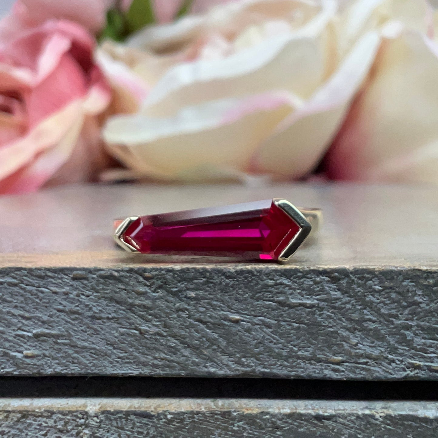 Elongated Kite Shape Ruby Ring Yellow Gold, Stacking Gold Minimalist Ring, Unique Ruby Ring Dainty, Promise Anniversary Mothers Ring  #7461