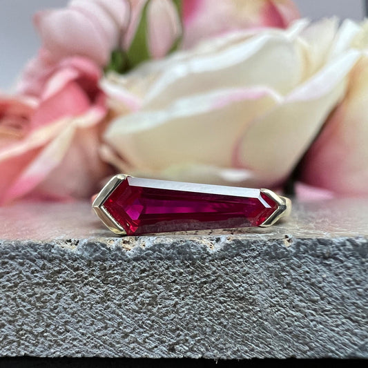 Elongated Kite Shape Ruby Ring Yellow Gold, Stacking Gold Minimalist Ring, Unique Ruby Ring Dainty, Promise Anniversary Mothers Ring  #7461