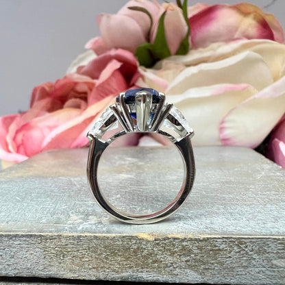 Pear shaped Blue Sapphire and Moissanite Engagement Ring White Gold, September Birthstone Ring, Three Stone Blue Sapphire Promise Ring #7486