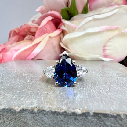 Pear shaped Blue Sapphire and Moissanite Engagement Ring White Gold, September Birthstone Ring, Three Stone Blue Sapphire Promise Ring #7486