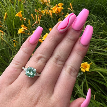 Cushion Cut Green Paraiba With Moissanite Engagement Ring 14K Yellow Gold, Cushion Shaped Vintage Style Green Paraiba Engagement Ring, #7488
