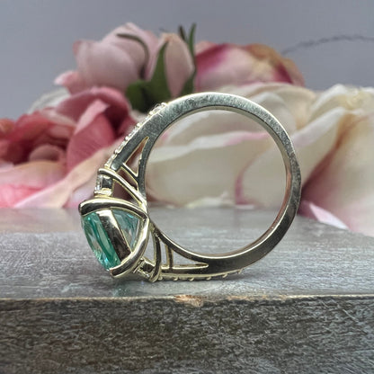 Cushion Cut Green Paraiba With Moissanite Engagement Ring 14K Yellow Gold, Cushion Shaped Vintage Style Green Paraiba Engagement Ring, #7488