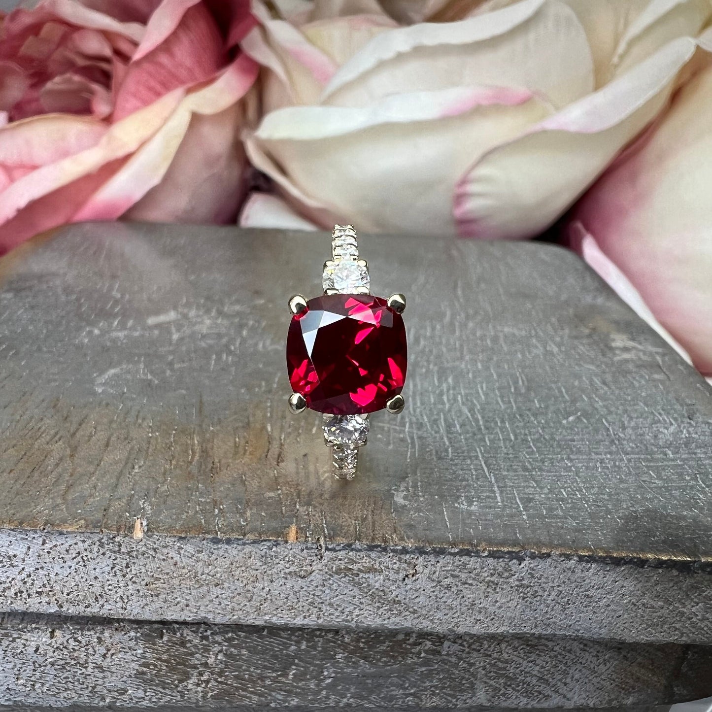Cushion Cut Ruby With Moissanite Engagement Ring 14K Yellow Gold, Three Stone Cushion Shaped Ruby Engagement Ring, July Birthstone Ring 7489