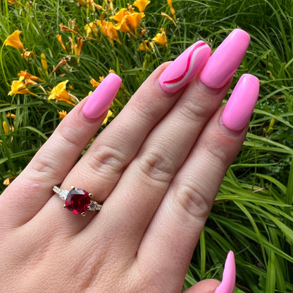 Cushion Cut Ruby With Moissanite Engagement Ring 14K Yellow Gold, Three Stone Cushion Shaped Ruby Engagement Ring, July Birthstone Ring 7489