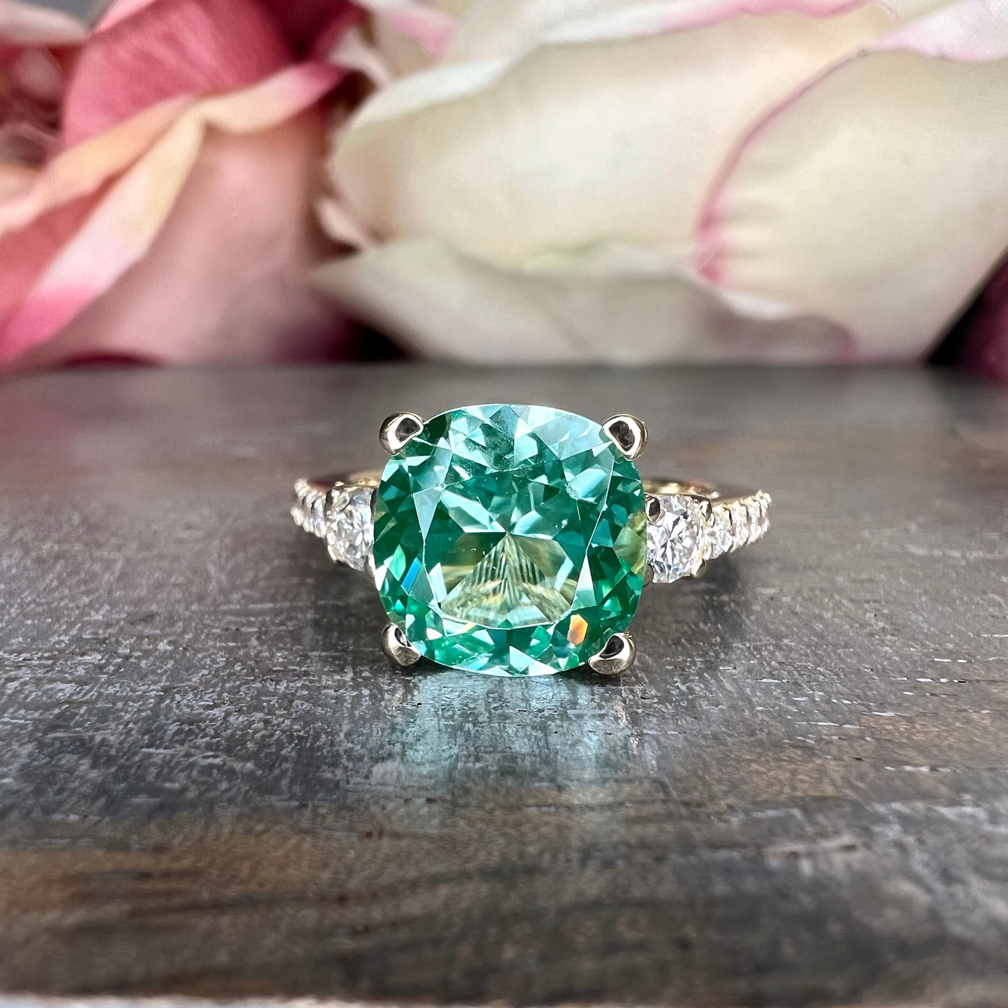 Cushion Cut Green Paraiba With Moissanite Engagement Ring 14K Yellow Gold, Cushion Shaped Vintage Style Green Paraiba Engagement Ring, #7488