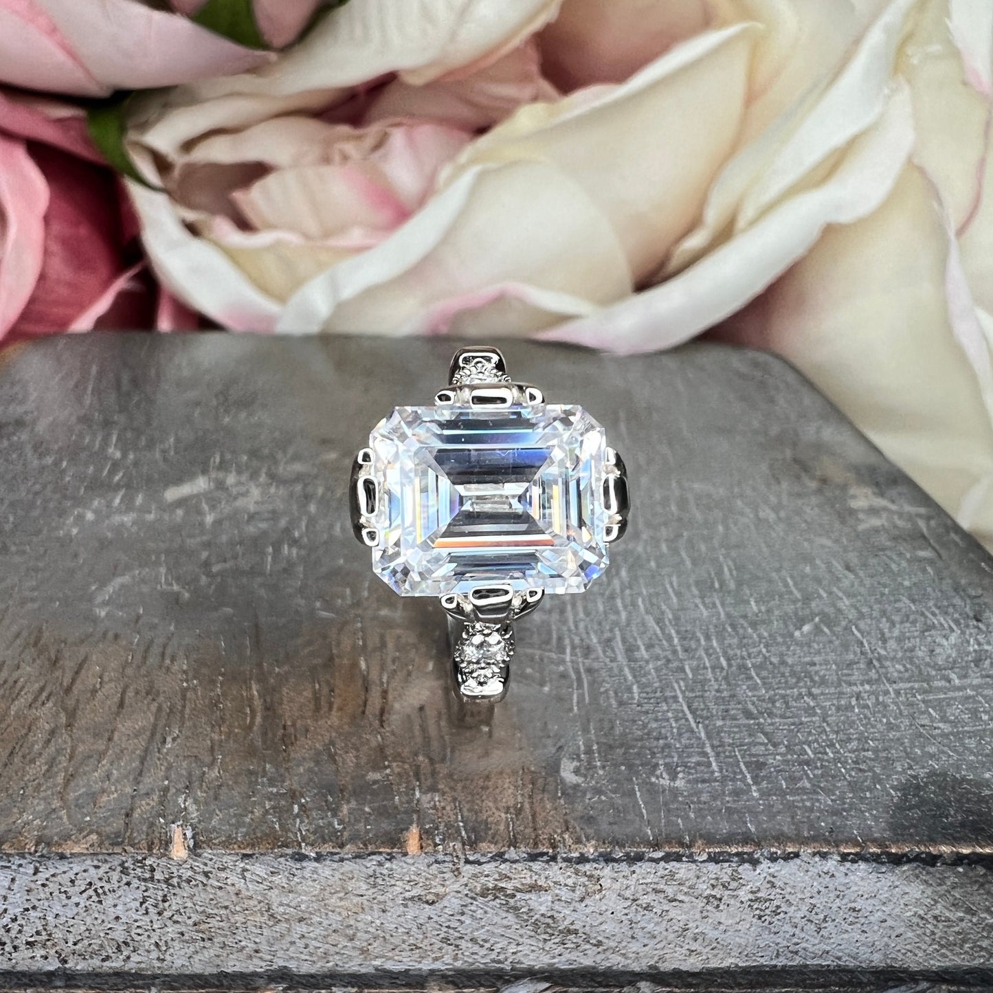 Emerald cut Moissanite engagement ring set 14k white gold Unique Art deco Cluster engagement ring vintage Bridal Anniversary ring set  #7490