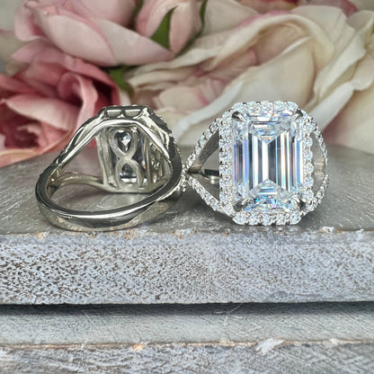 Emerald Cut Moissanite Engagement Ring White Gold, Unique Vintage Style Emerald Cut Halo Engagement Ring Split Shank Heavy Gold Ring,  #7476