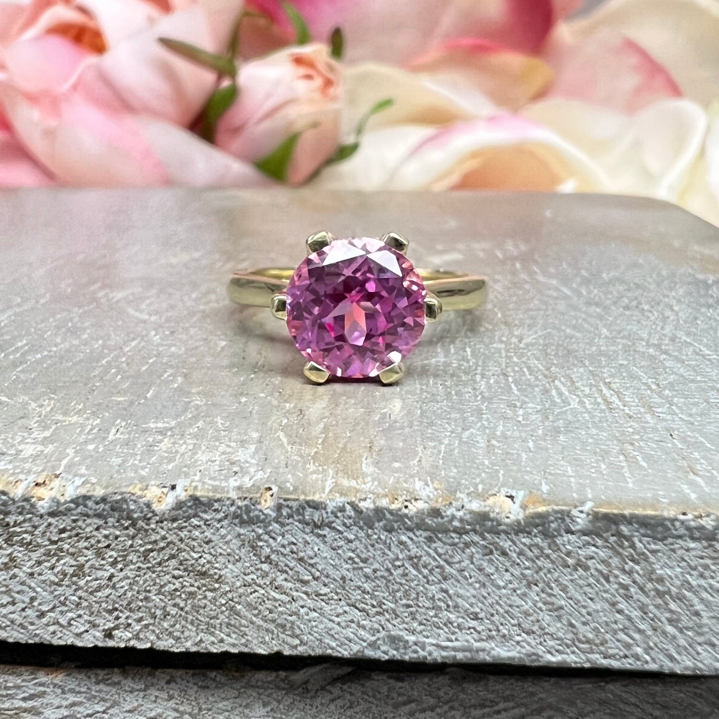 Round Pink Sapphire Engagement Ring 14k Yellow Gold  6 Prong Crown Head Setting, Art Deco engagement ring, Pink Sapphire wedding Ring  #7491