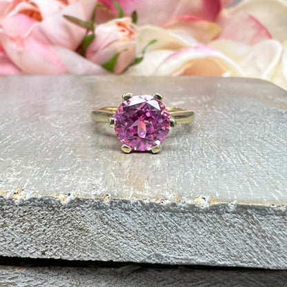 Round Pink Sapphire Engagement Ring 14k Yellow Gold  6 Prong Crown Head Setting, Art Deco engagement ring, Pink Sapphire wedding Ring  #7491