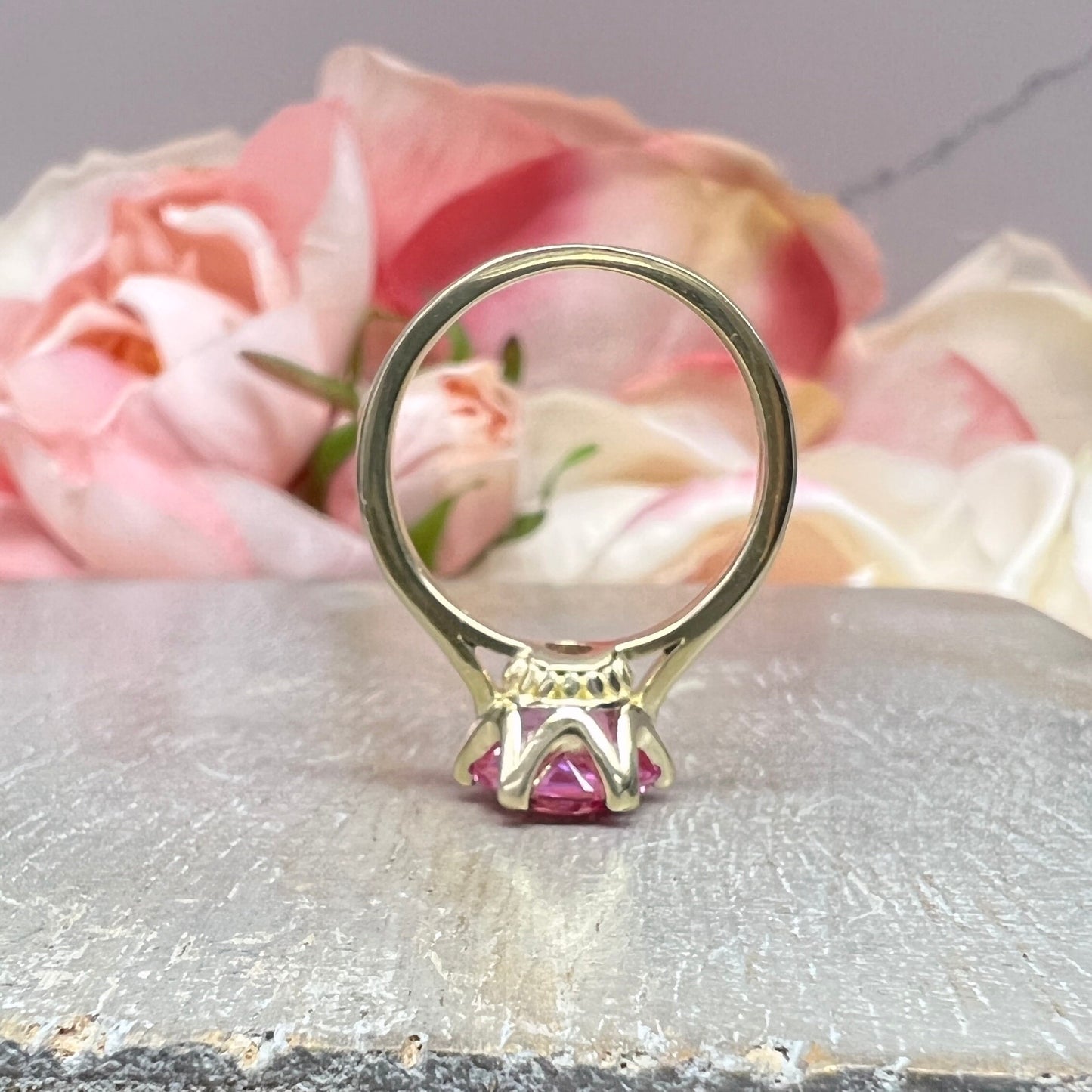 Round Pink Sapphire Engagement Ring 14k Yellow Gold  6 Prong Crown Head Setting, Art Deco engagement ring, Pink Sapphire wedding Ring  #7491