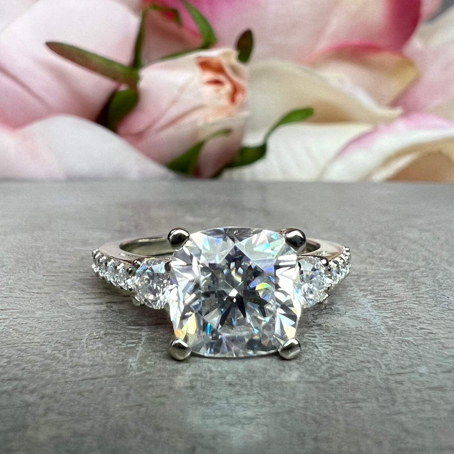 Cushion Cut Moissanite Engagement Ring, Three Stone Cushion Cut Engagement Ring, Moissanite Wedding Ring, Solitaire Engagement Ring  #7492