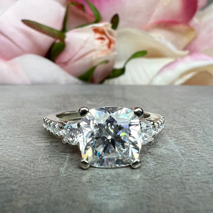 Cushion Cut Moissanite Engagement Ring, Three Stone Cushion Cut Engagement Ring, Moissanite Wedding Ring, Solitaire Engagement Ring  #7492