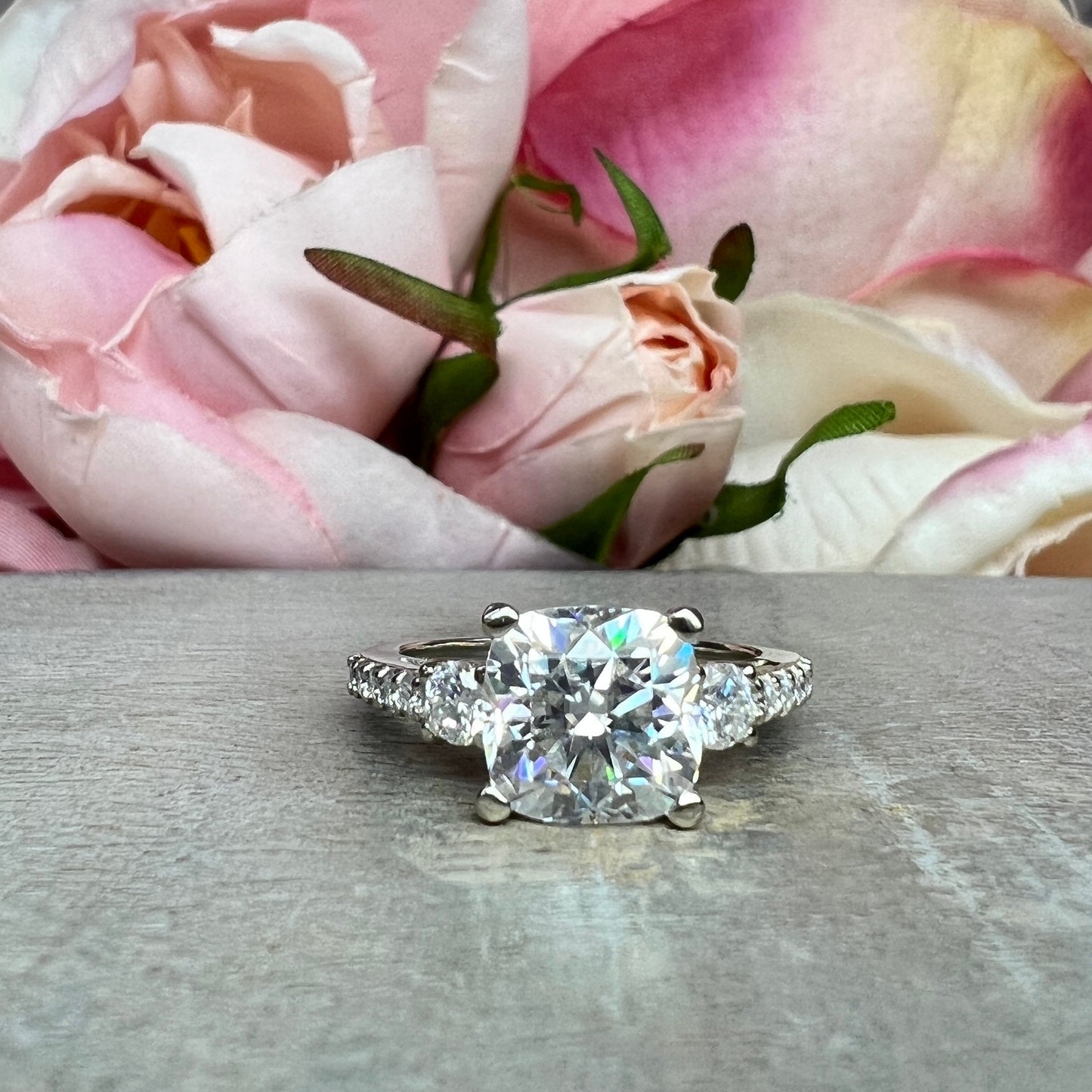 Cushion Cut Moissanite Engagement Ring, Three Stone Cushion Cut Engagement Ring, Moissanite Wedding Ring, Solitaire Engagement Ring  #7492
