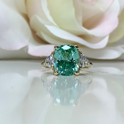 Elongated Cushion Cut Engagement Ring For Women 14K solid Yellow Gold, Green Paraiba Tourmaline Engagement Rings, Unique Vintage Rings, 7187
