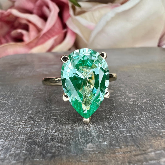 Pear Shaped Paraiba Tourmaline Engagement Ring Yellow Gold  Unique  Green Pear Cut Paraiba Tourmaline Solitaire Wedding Promise Rings  #6330