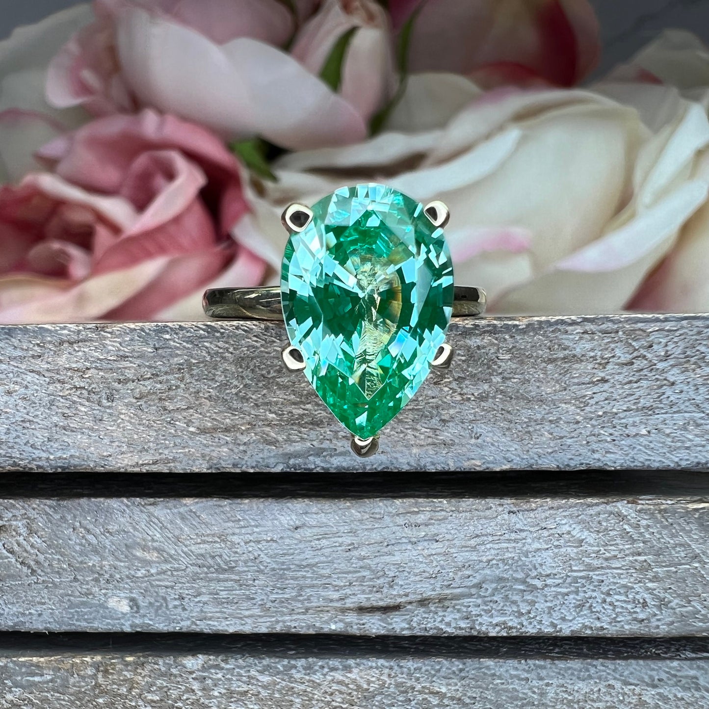 Pear Shaped Paraiba Tourmaline Engagement Ring Yellow Gold  Unique  Green Pear Cut Paraiba Tourmaline Solitaire Wedding Promise Rings  #6330