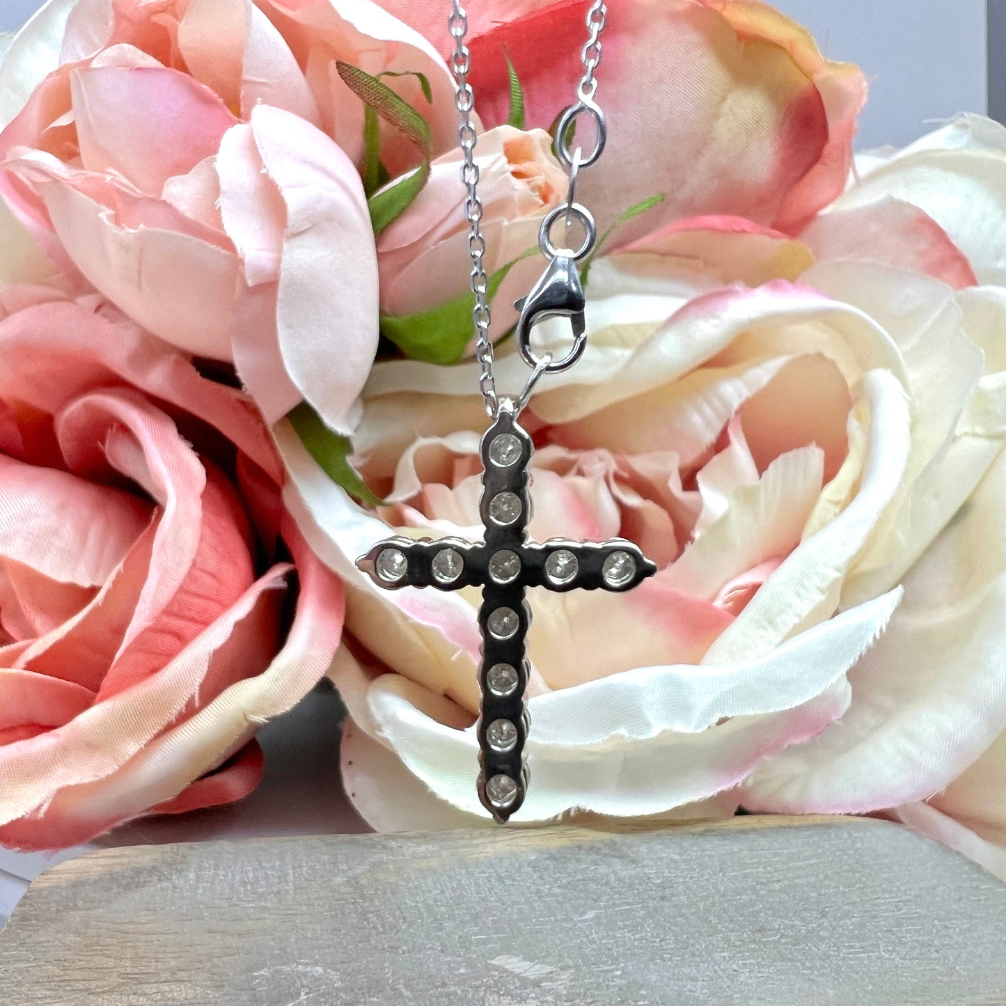Moissanite Eternity Cross Pendant Necklace 14K White Gold, Layering Gold Cross Pendant  Religious Jewelery Baptism Christening Gifts  #7469