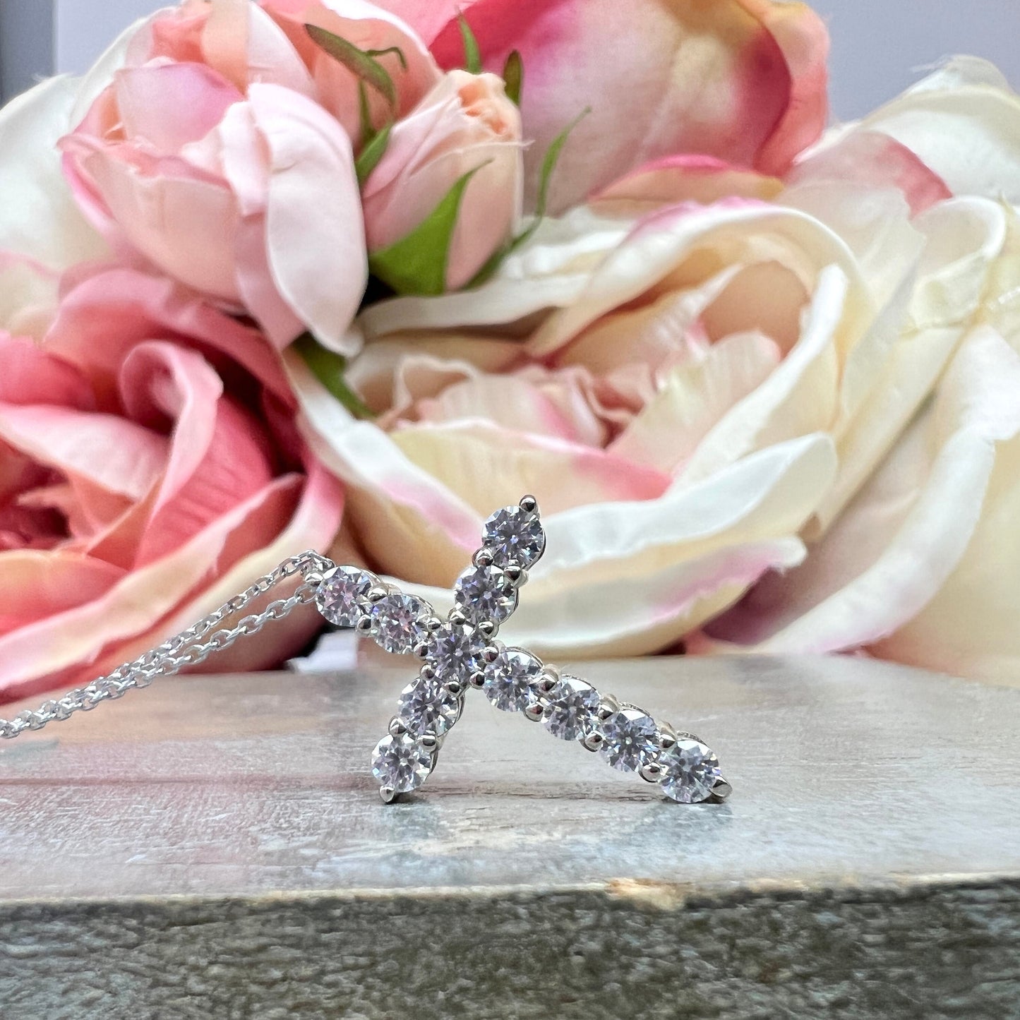Moissanite Eternity Cross Pendant Necklace 14K White Gold, Layering Gold Cross Pendant  Religious Jewelery Baptism Christening Gifts  #7469