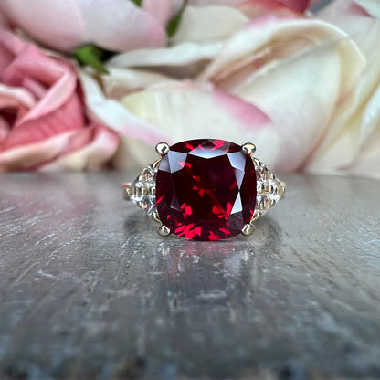 Ruby Cushion Cut And Moissanite Accents Engagement Ring, Ruby And Moissanite 14k Yellow Gold Ring, July Birthstone Ruby Ladies Ring,   #5981
