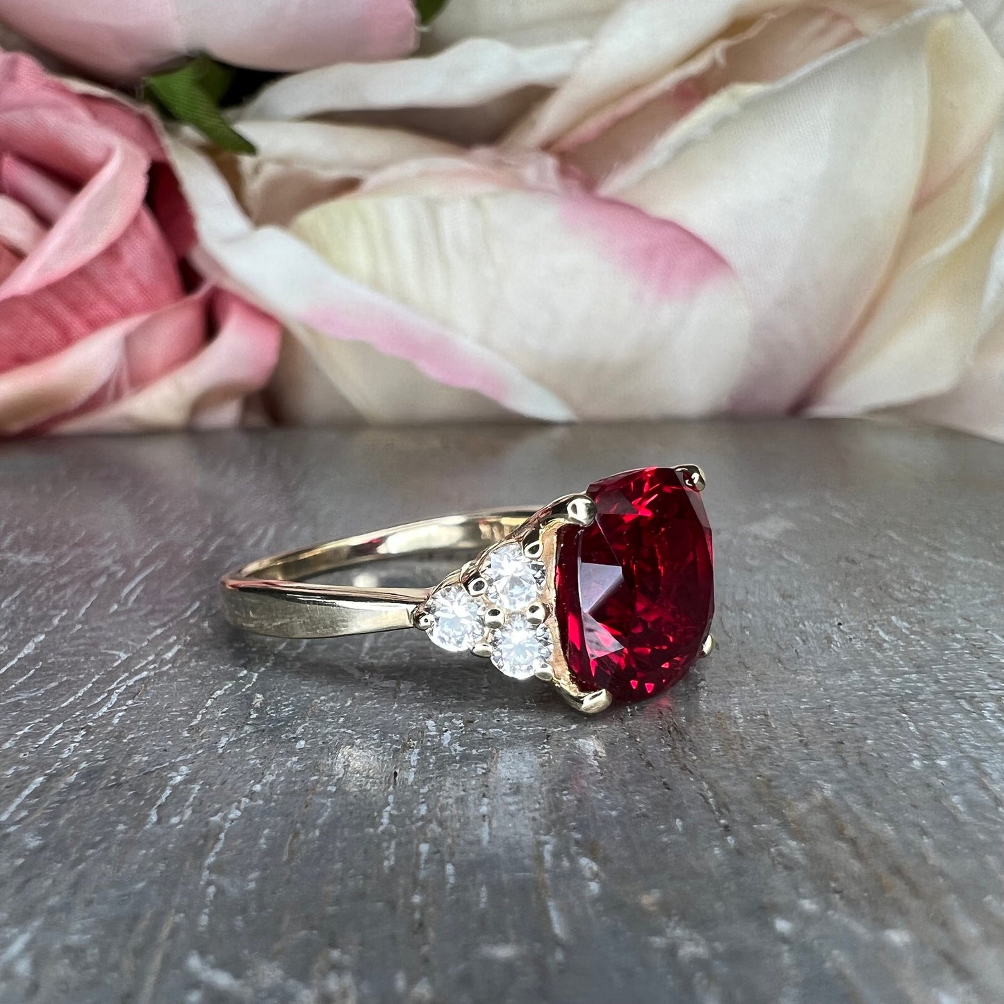 Ruby Cushion Cut And Moissanite Accents Engagement Ring, Ruby And Moissanite 14k Yellow Gold Ring, July Birthstone Ruby Ladies Ring,   #5981