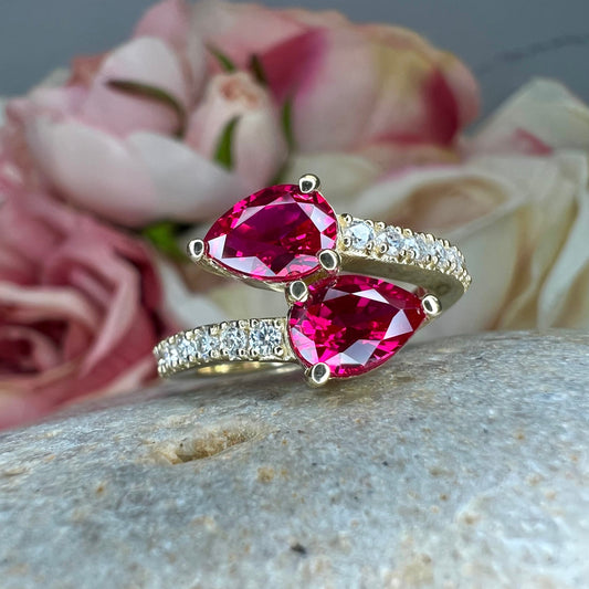 Ruby Pear Shape Bypass Ring Yellow Gold Engagement Ring Toi Et Moi Ruby Pear Anniversary Ring For Women Unique Promise Wedding Rings  #7435