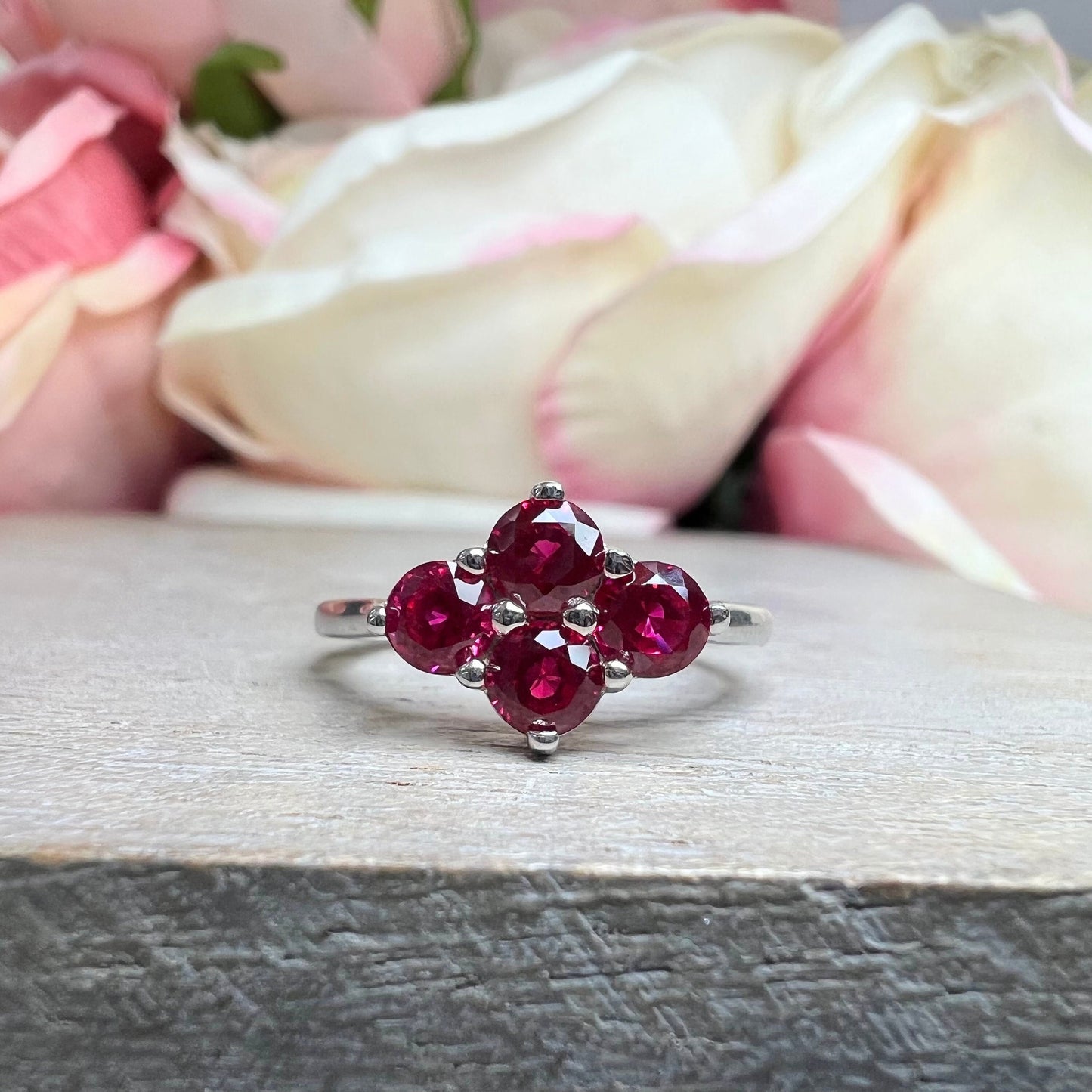 Four Stone Ruby Ring 14K Solid White Gold, Ruby Promise Ring For Ladies Unique Ruby Engagement Ring, Unique Cross Ruby Ring For Women,#6872