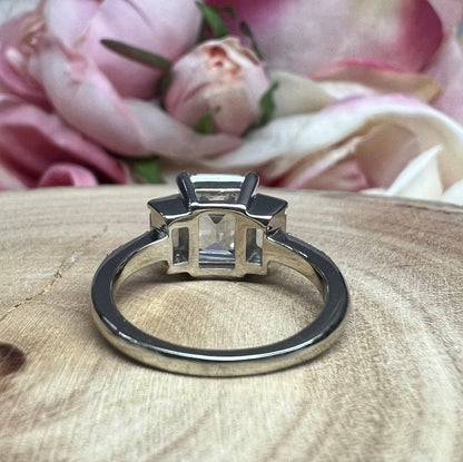 Moissanite Emerald Cut Engagement Ring With Emerald Cut Sides And Round Accents, Three Stone Engagement Ring, 14K White Gold #4660 #6883