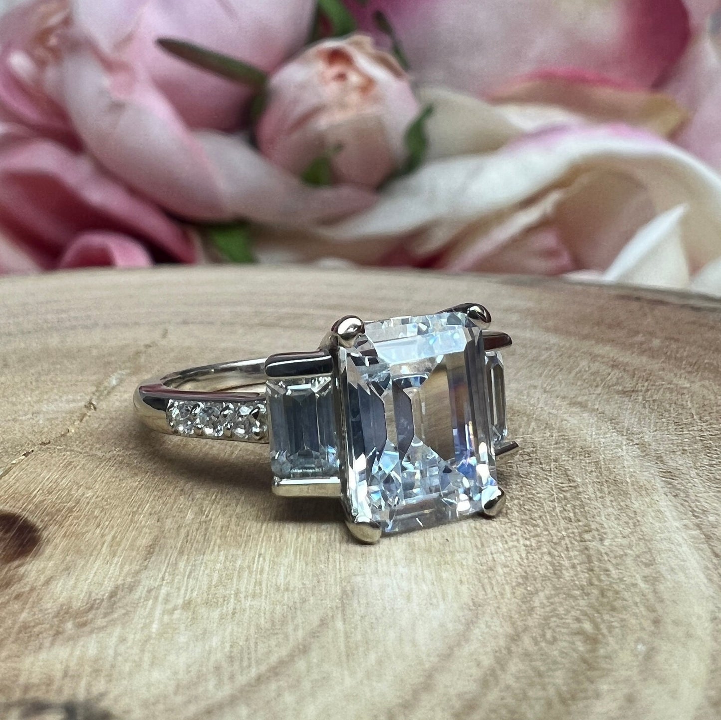 Moissanite Emerald Cut Engagement Ring With Emerald Cut Sides And Round Accents, Three Stone Engagement Ring, 14K White Gold #4660 #6883
