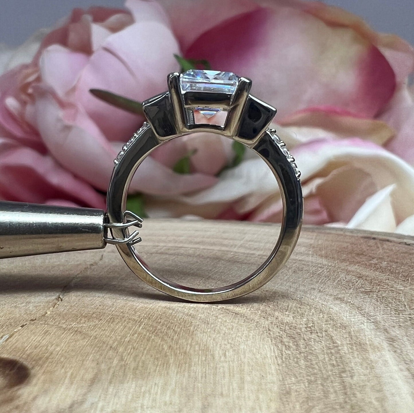 Moissanite Emerald Cut Engagement Ring With Emerald Cut Sides And Round Accents, Three Stone Engagement Ring, 14K White Gold #4660 #6883