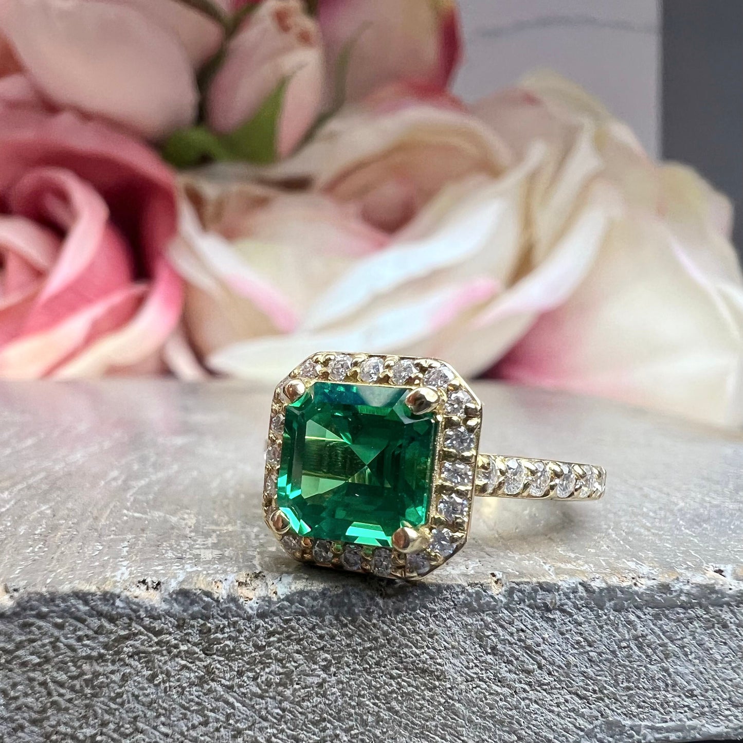 Emerald Engagement Rings For Women 14k Solid Yellow Gold, Asscher Shaped Emerald Engagement Rings, Simple Emerald and Moissanite Ring, #6255