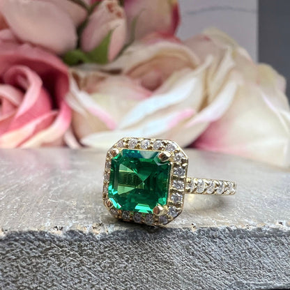 Emerald Engagement Rings For Women 14k Solid Yellow Gold, Asscher Shaped Emerald Engagement Rings, Simple Emerald and Moissanite Ring, #6255