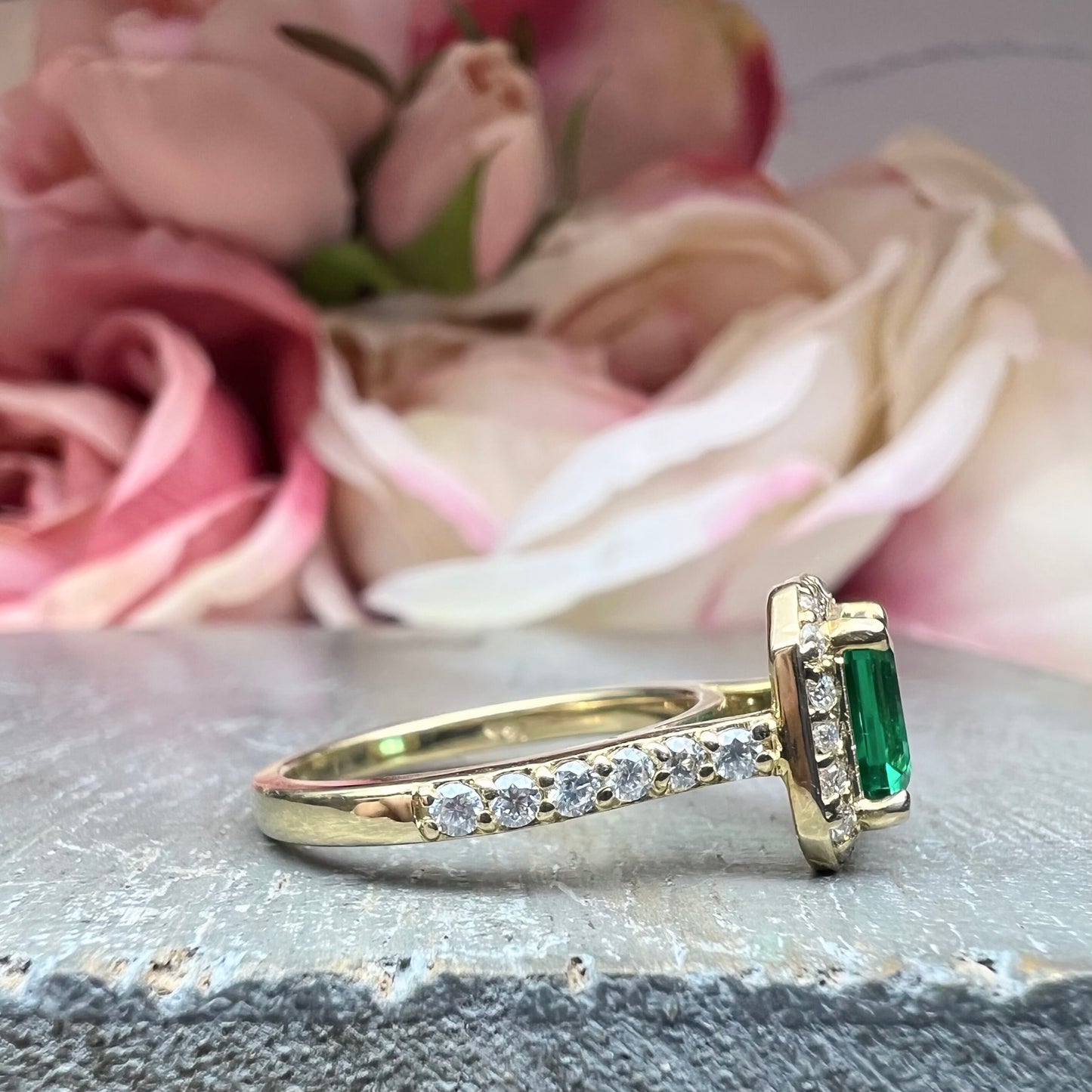 Emerald Engagement Rings For Women 14k Solid Yellow Gold, Asscher Shaped Emerald Engagement Rings, Simple Emerald and Moissanite Ring, #6255