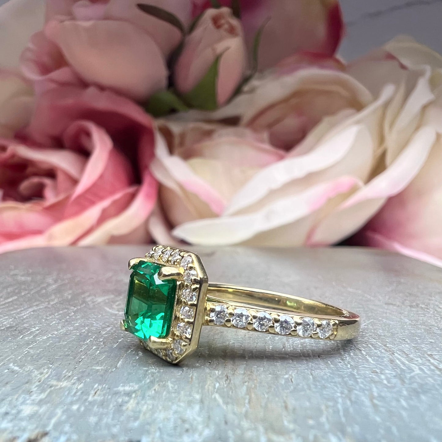 Emerald Engagement Rings For Women 14k Solid Yellow Gold, Asscher Shaped Emerald Engagement Rings, Simple Emerald and Moissanite Ring, #6255