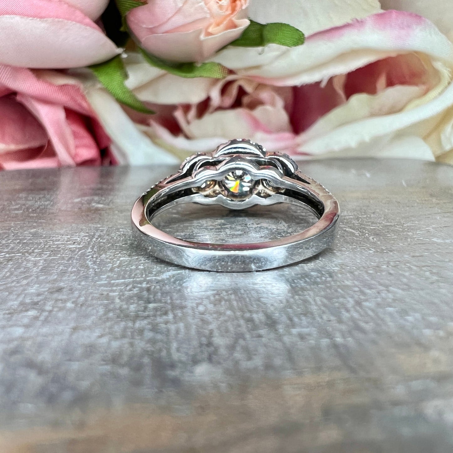 Three Stone Round Halo Diamond Engagement Ring White Gold Vintage Style Round Engagement Ring Halo Setting Past Present Future Rings  #4059