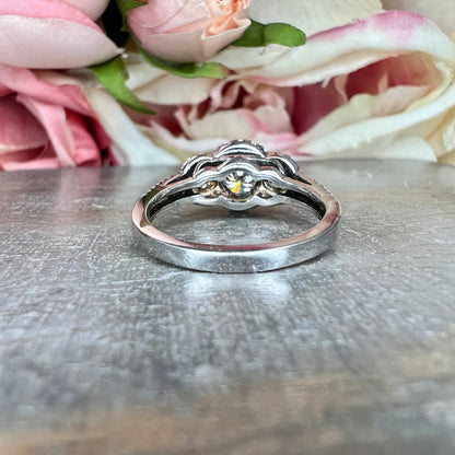 Three Stone Round Halo Diamond Engagement Ring White Gold Vintage Style Round Engagement Ring Halo Setting Past Present Future Rings  #4059