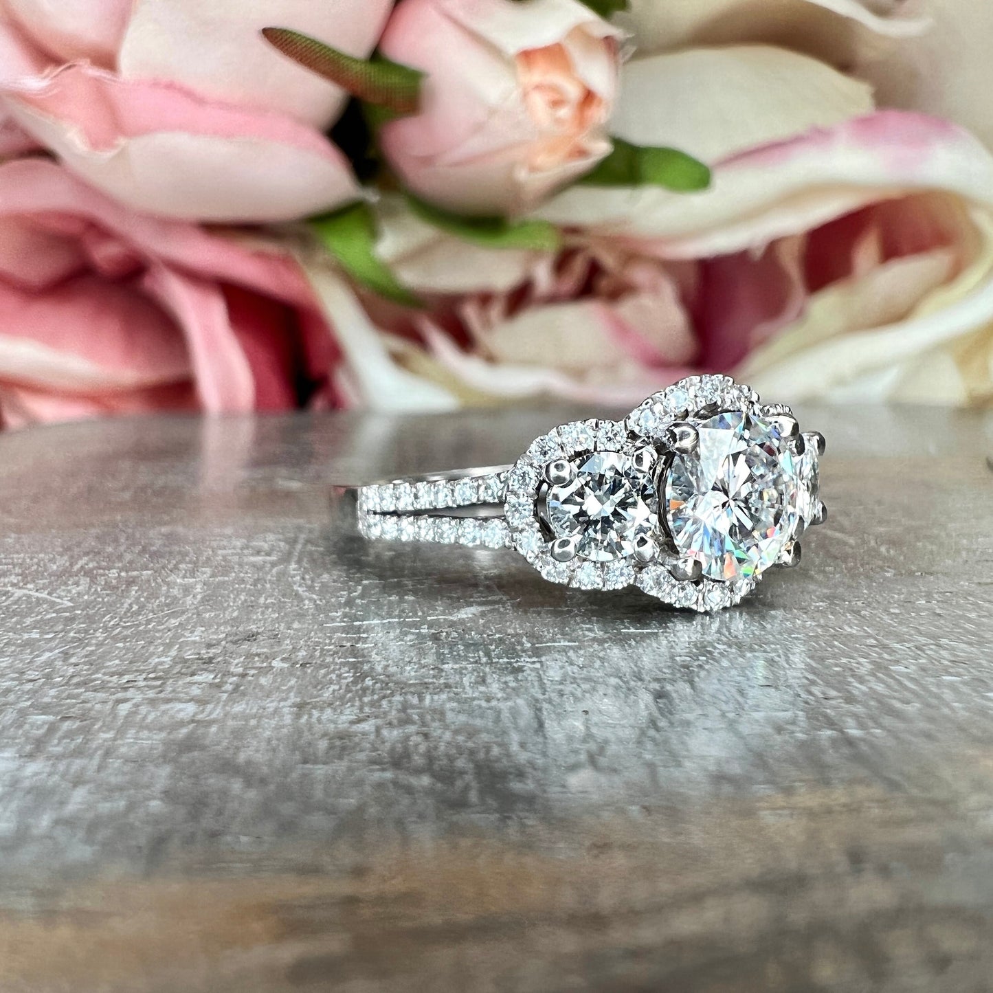 Three Stone Round Halo Diamond Engagement Ring White Gold Vintage Style Round Engagement Ring Halo Setting Past Present Future Rings  #4059