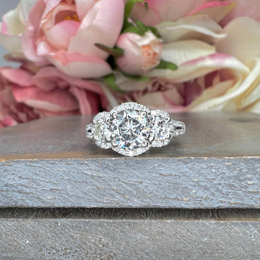 Three Stone Round Halo Diamond Engagement Ring White Gold Vintage Style Round Engagement Ring Halo Setting Past Present Future Rings  #4059