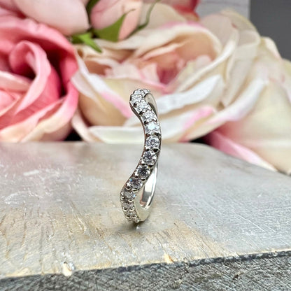 Round Cut Pave Diamond Wedding Band For Women, Curved Matching Band Diamond Wedding Ring, 14k Gold Moissanite Curved Anniversary Ring  #7478